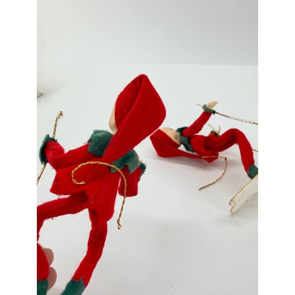 Vintage Christmas Elf Pixie Skier Dolls Plastic Felt Ski Holiday Decor Set - Picture 9 of 10